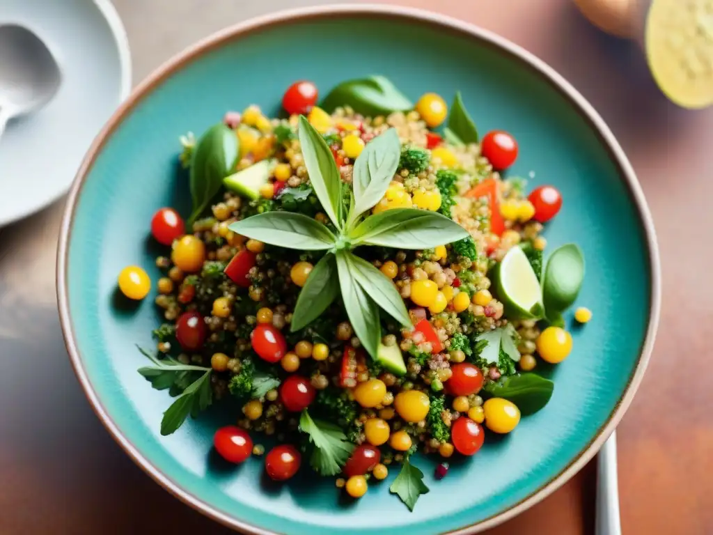 Un festín visual de una ensalada de quinua peruana sostenible, con granos coloridos y vegetales frescos en un plato rústico