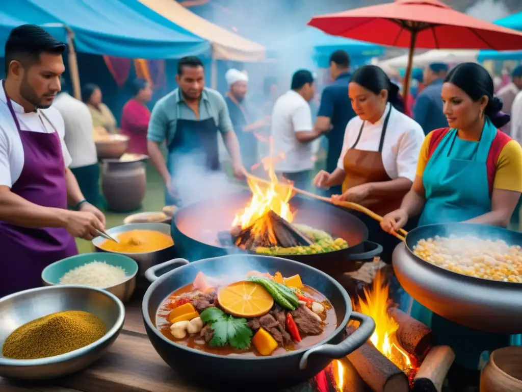 Un festín visual en un festival gastronómico peruano lleno de colores, aromas y sabores