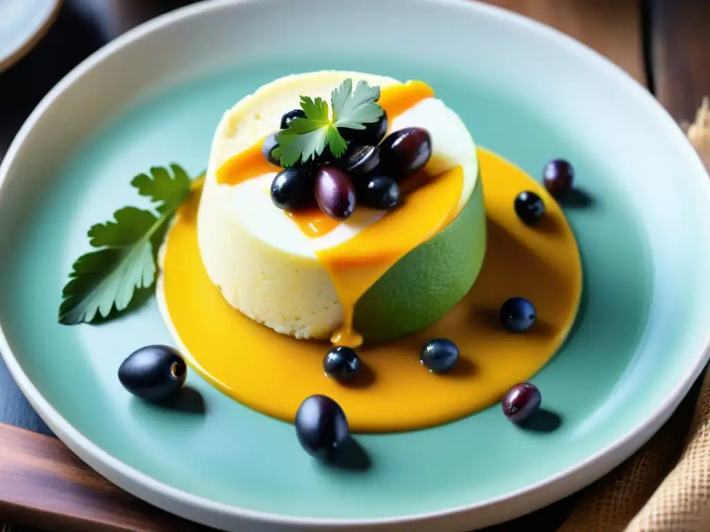Un festín visual de la gastronomía peruana: Causa Rellena en plato artesanal, fusionando tradición y sabores vibrantes