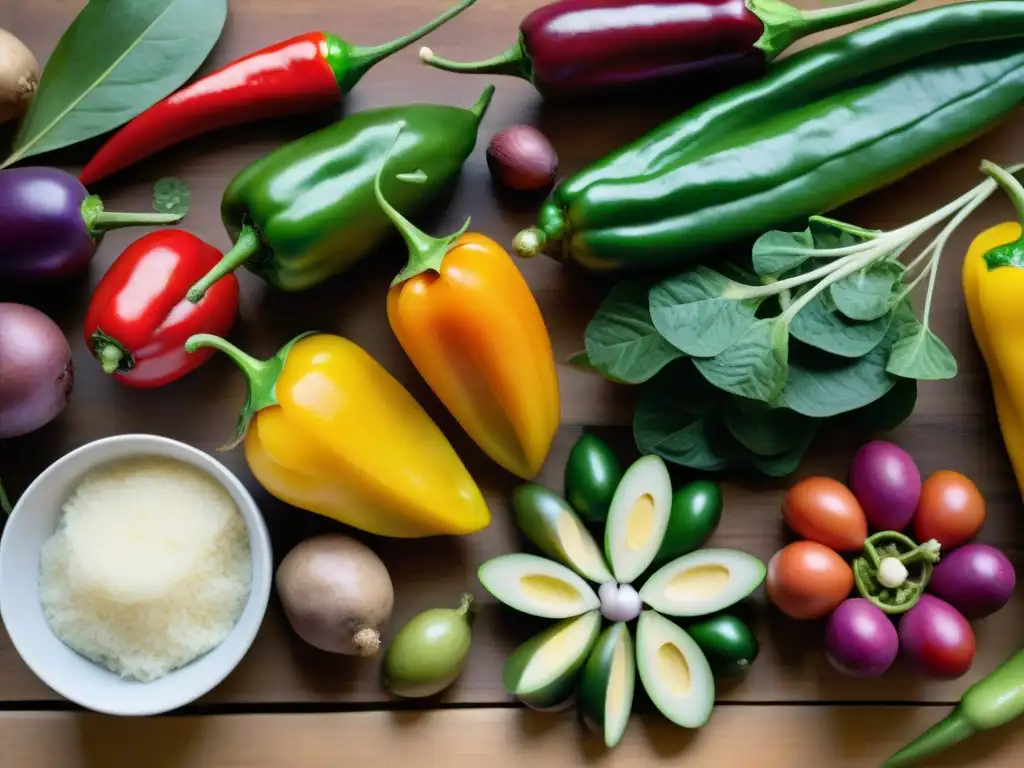 Un festín visual de ingredientes peruanos: aji, papas nativas, frutas tropicales y hierbas, en una mesa rústica