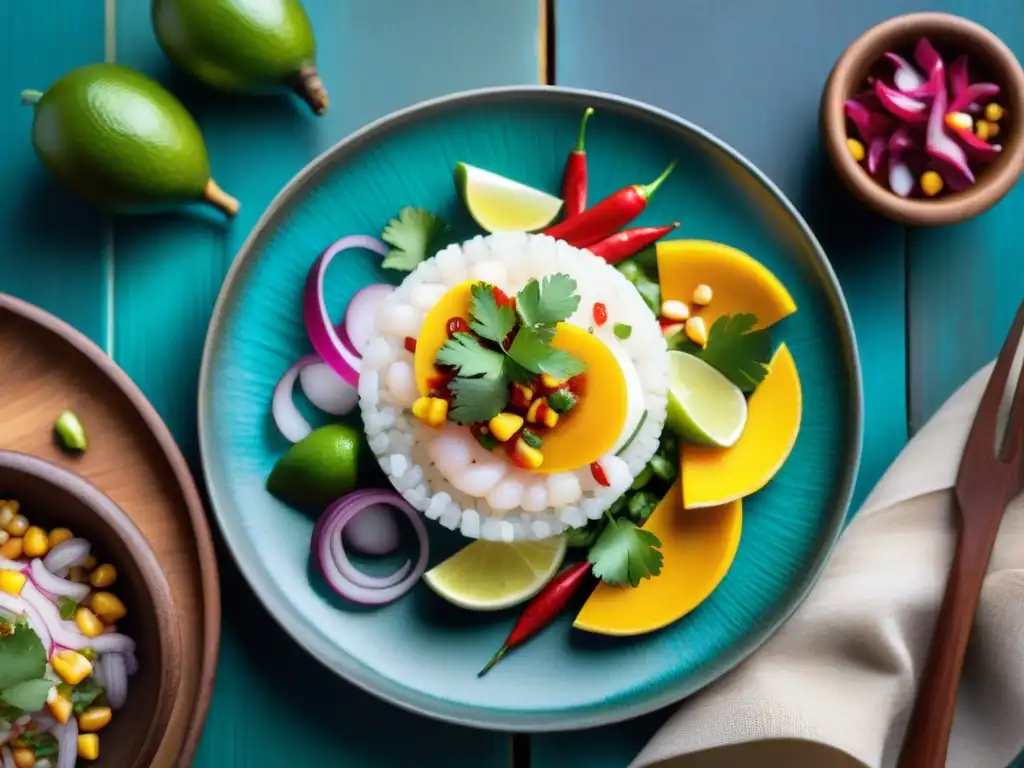 Un festín visual de platos peruanos autóctonos fotográficos: ceviche vibrante con pescado fresco, limón, ají, cebolla, yuca y maíz