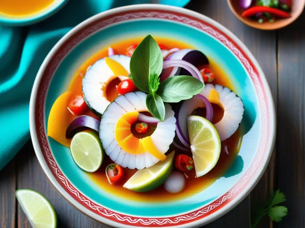 Un festín visual de platos peruanos autóctonos fotográficos: ceviche fresco, ingredientes vibrantes y plato colorido sobre mesa rústica