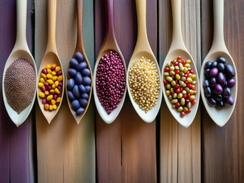 Un festín visual de semillas ancestrales de la gastronomía peruana, destacando la diversidad de quinoa, kiwicha y maíz morado en una mesa rústica