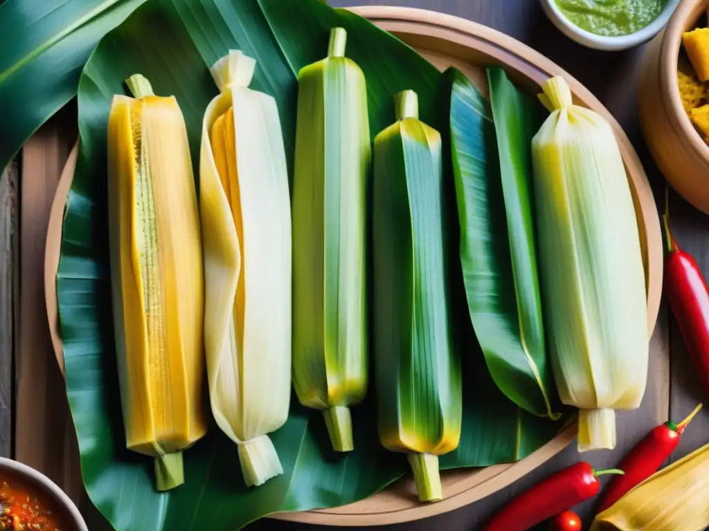 Un festín visual de tamales peruanos autóctonos, con colores vibrantes y detalles meticulosos en una mesa rústica