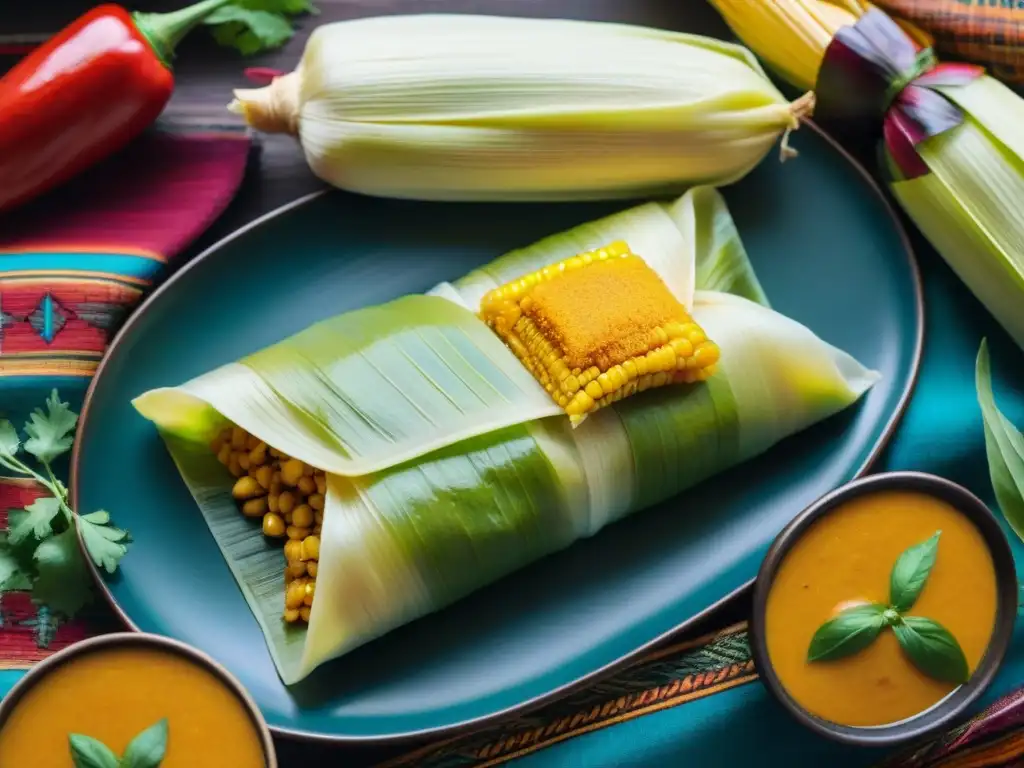 Un festín visual de tamales peruanos con ingredientes autóctonos en un mantel tradicional, revelando los secretos de la cocina peruana