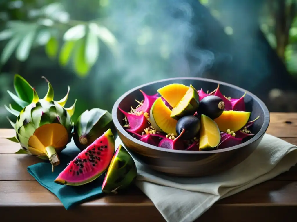 Un festín visual del tesoro culinario cocina amazónica: frutas y verduras exóticas en una mesa de madera, con luz natural filtrada en la selva