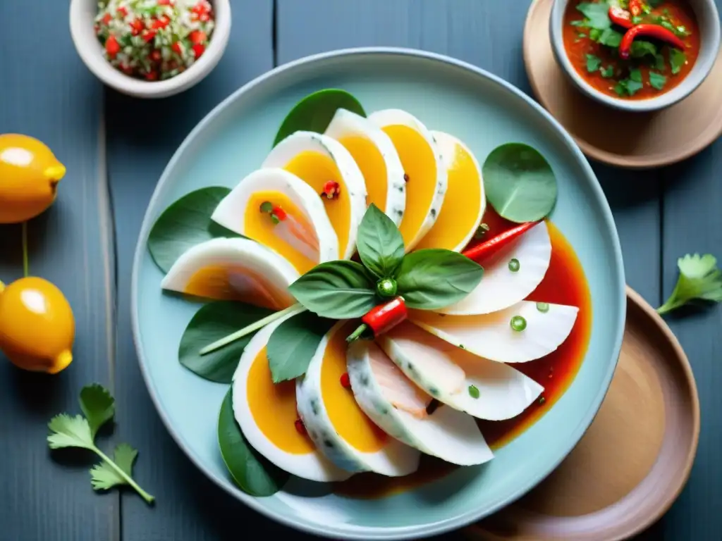 Tiradito peruano: Delicada frescura en cada detalle Un festín visual de tiradito peruano platos marinos, con pescado crudo, chiles y limón, sobre una mesa rústica iluminada naturalmente