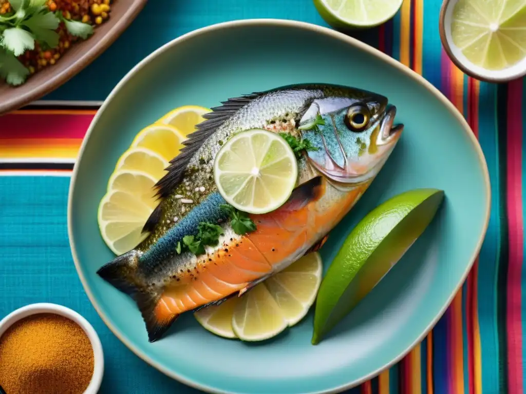 Un festín visual de trucha frita en Perú: crujiente, sazonada y adornada con lima y cilantro sobre un mantel peruano colorido