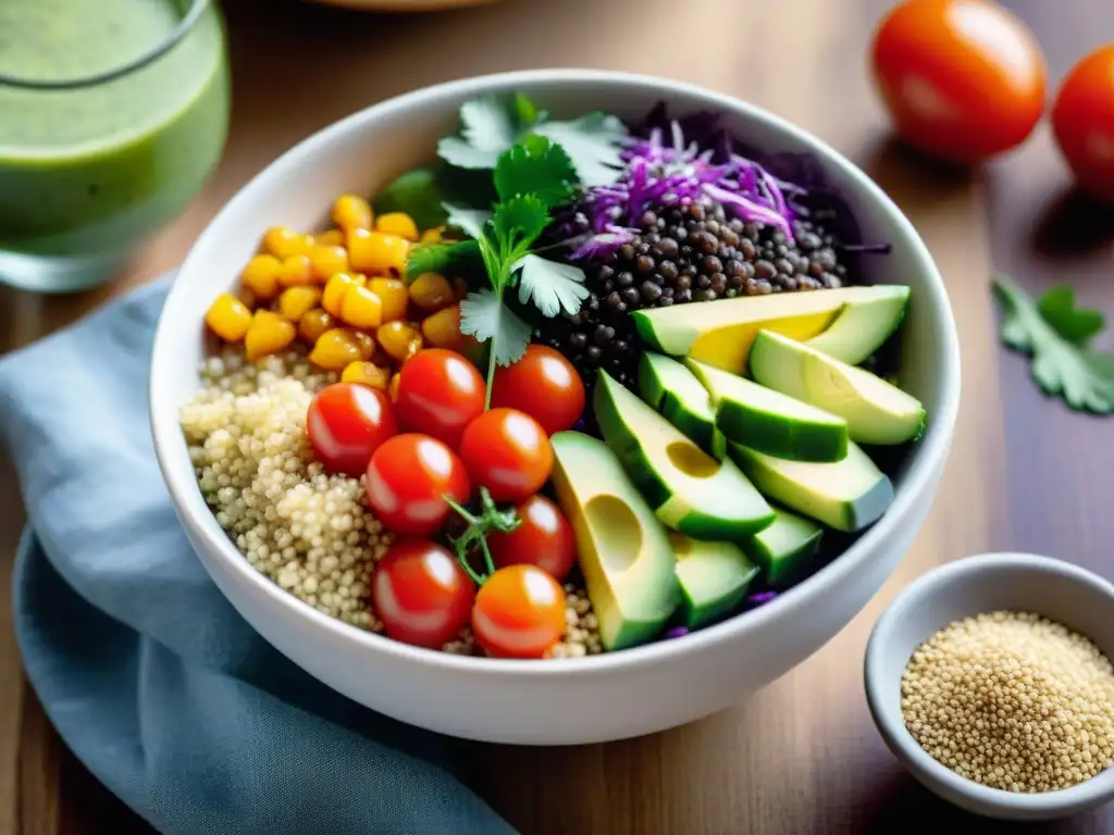 Un festín visual de una vibrante ensalada peruana de quinua, resaltando los beneficios y recetas con quinua