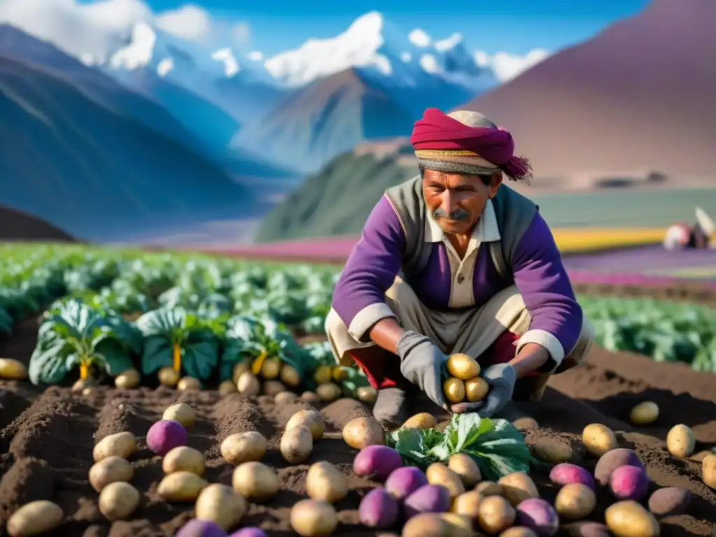 Festival de la Papa Andina: Agricultores cosechan papas en terrazas andinas, rodeados de montañas nevadas y cielo azul