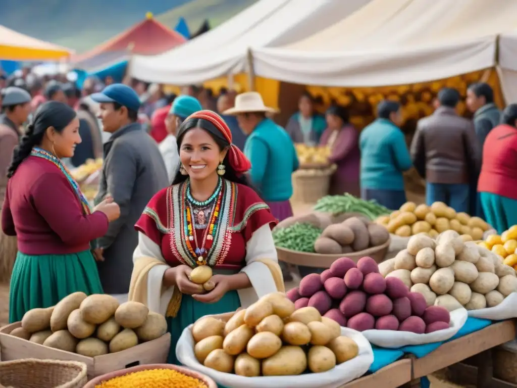 Festival de la Papa Andina: Mercado bullicioso con colores vibrantes y tradiciones andinas en pleno apogeo