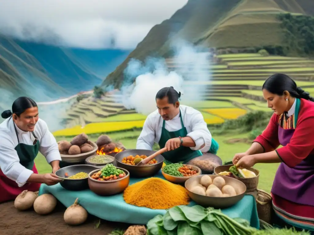 Festival Pachamanca: chefs peruanos preparando una festín tradicional en horno de tierra, con ingredientes coloridos y paisajes andinos