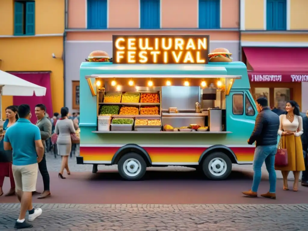 Un festival de food trucks en una ciudad europea, destaca un food truck peruano con clientes diversos