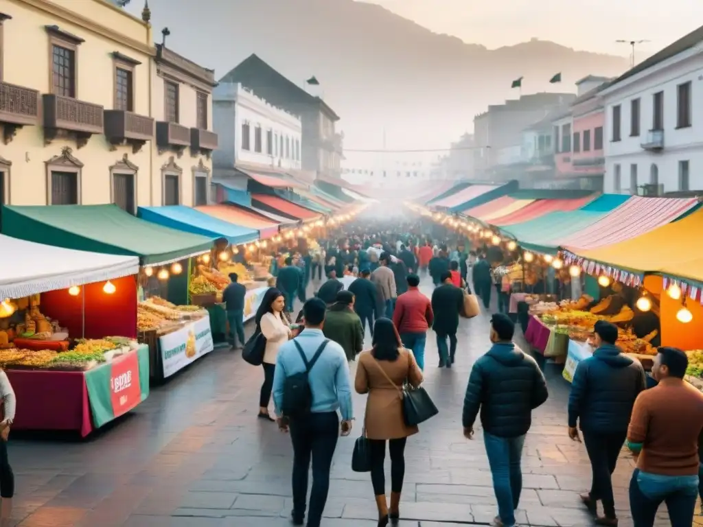 Festival de comida callejera en Lima con coloridos puestos de comida y diversidad de platos peruanos