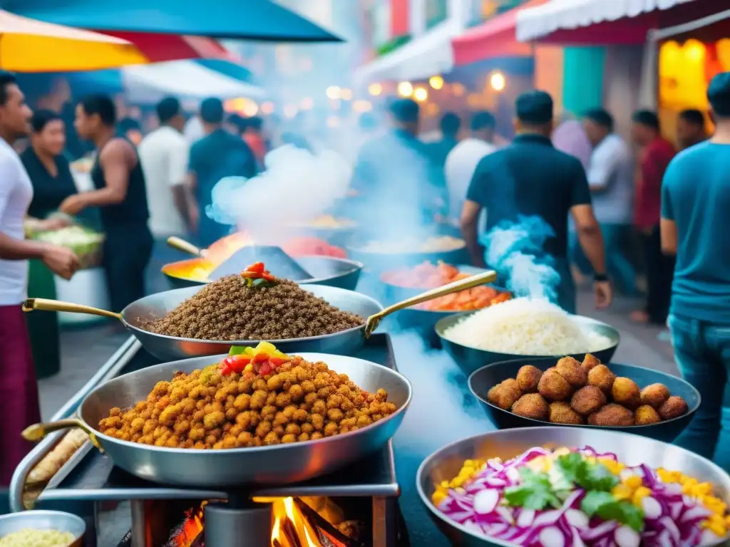 Festival de comida callejera en Lima con coloridos puestos ofreciendo anticuchos, ceviche y picarones, vendedores y clientes interactuando