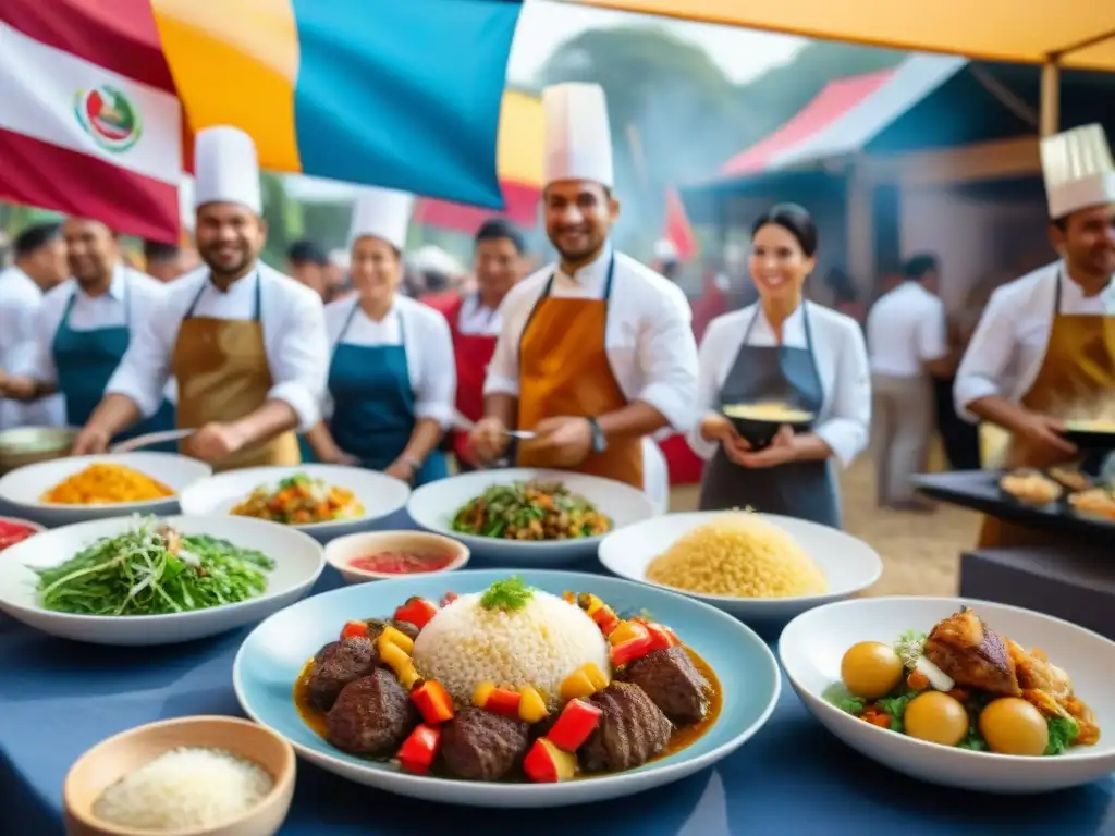 Un festival de comida internacional bullicioso con platos peruanos fusión gastronómica internacional