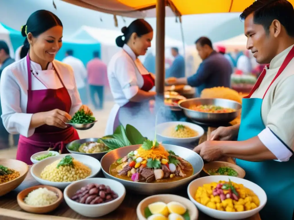 Festival culinario en Perú: coloridos puestos con ceviche, lomo saltado y causa rellena, chefs internacionales y visitantes