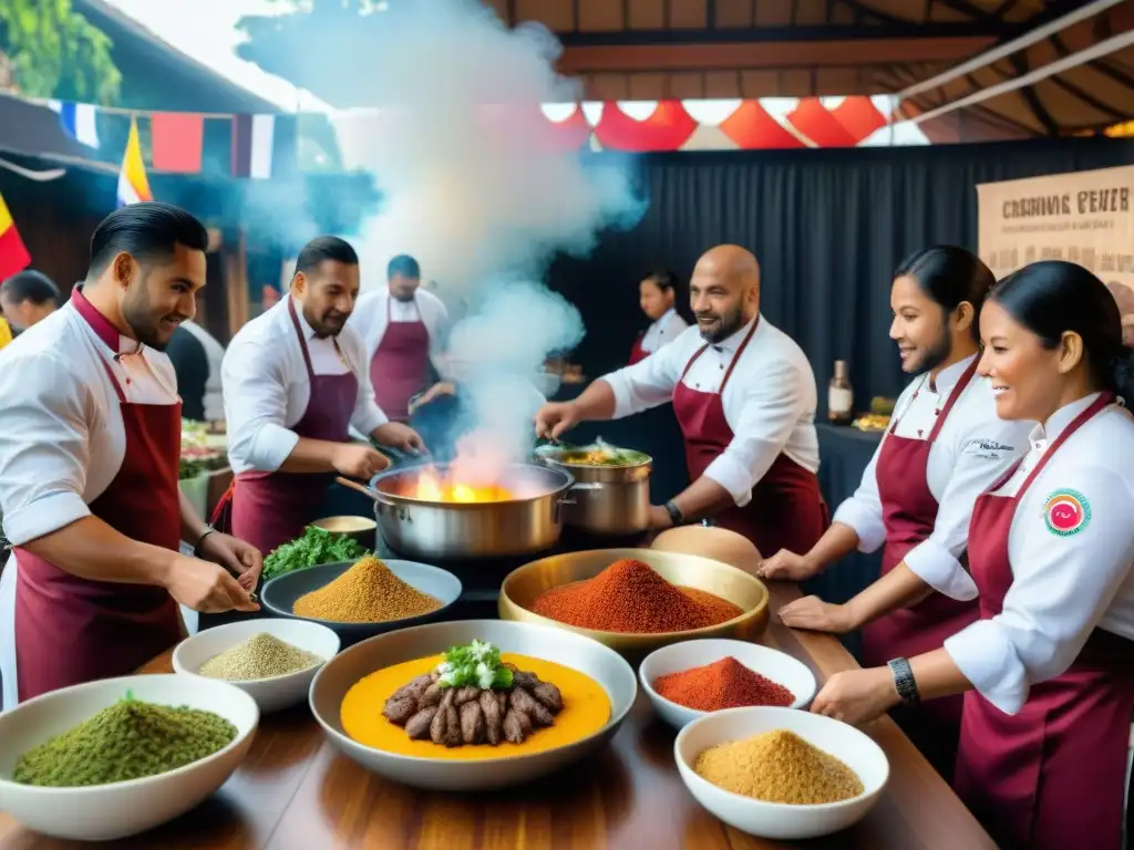 Festival culinario internacional con chefs peruanos preparando platos vibrantes mientras el público observa con entusiasmo