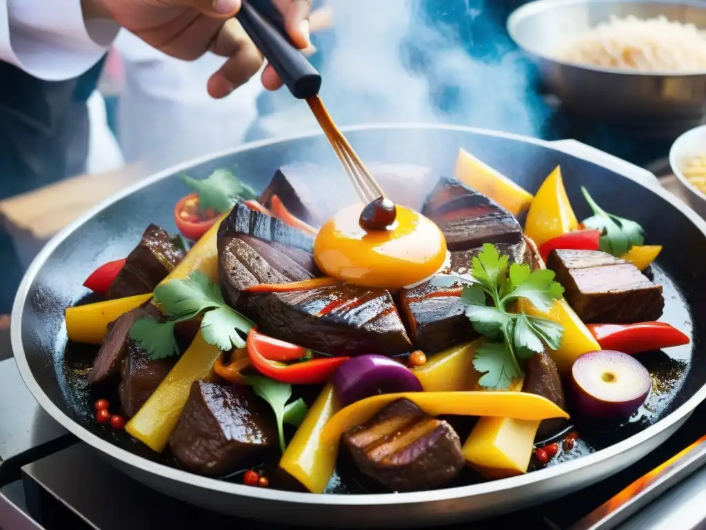 En el Festival Gastronómico Nikkei Lima, un chef prepara un suculento lomo saltado, fusionando sabores japoneses y peruanos