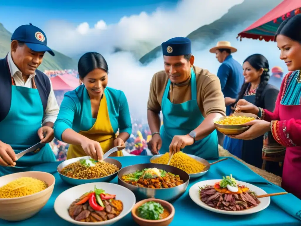 Festival gastronómico en Perú: chefs preparan ceviche y lomo saltado, visitantes disfrutan de la diversidad de sabores