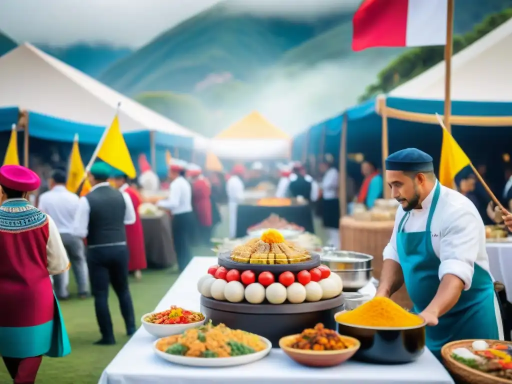 Festival gastronómico con comida peruana, banderas vibrantes y chefs en trajes tradicionales