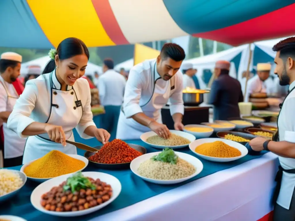 Un festival gastronómico internacional bullicioso con platos peruanos fusión y chefs en acción, colores vibrantes y banderas internacionales