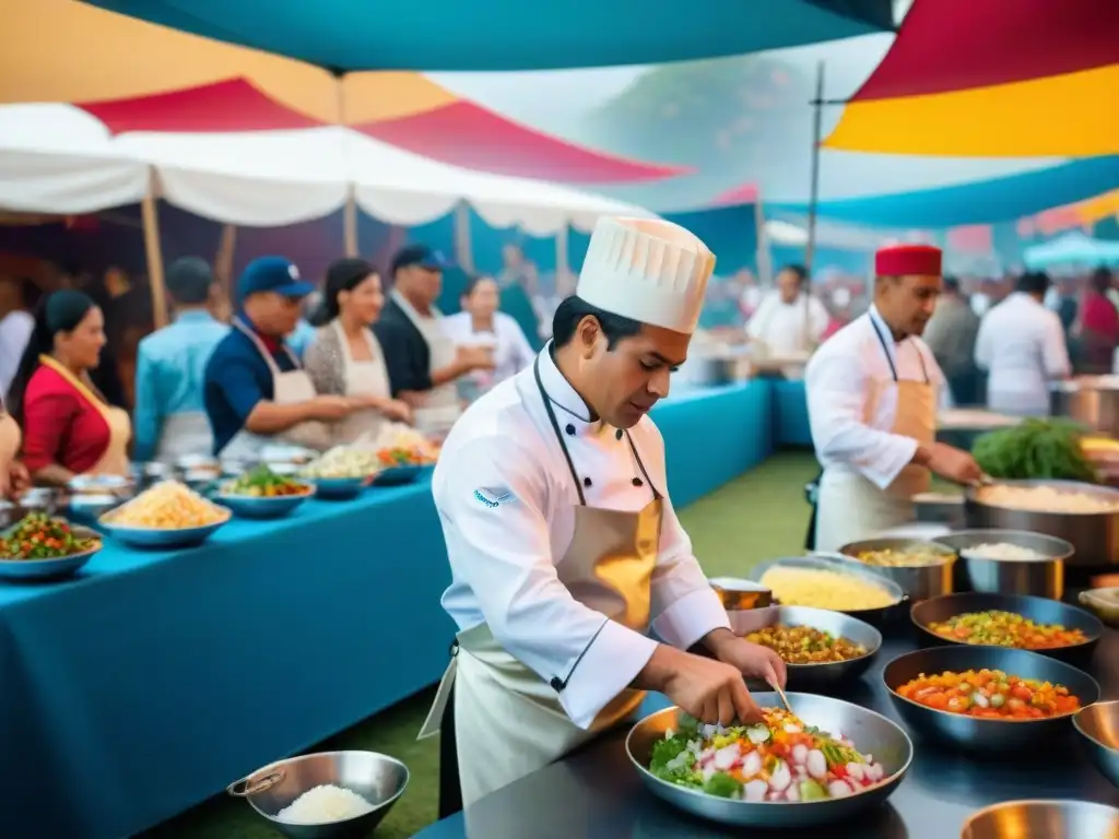 Un festival gastronómico internacional con chef peruano preparando ceviche, rodeado de espectadores