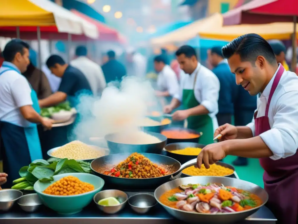 En un festival gastronómico peruano, chefs preparan ceviche en medio de un mercado bullicioso