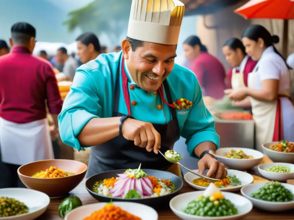 Un festival gastronómico peruano con colores vibrantes y diversidad culinaria