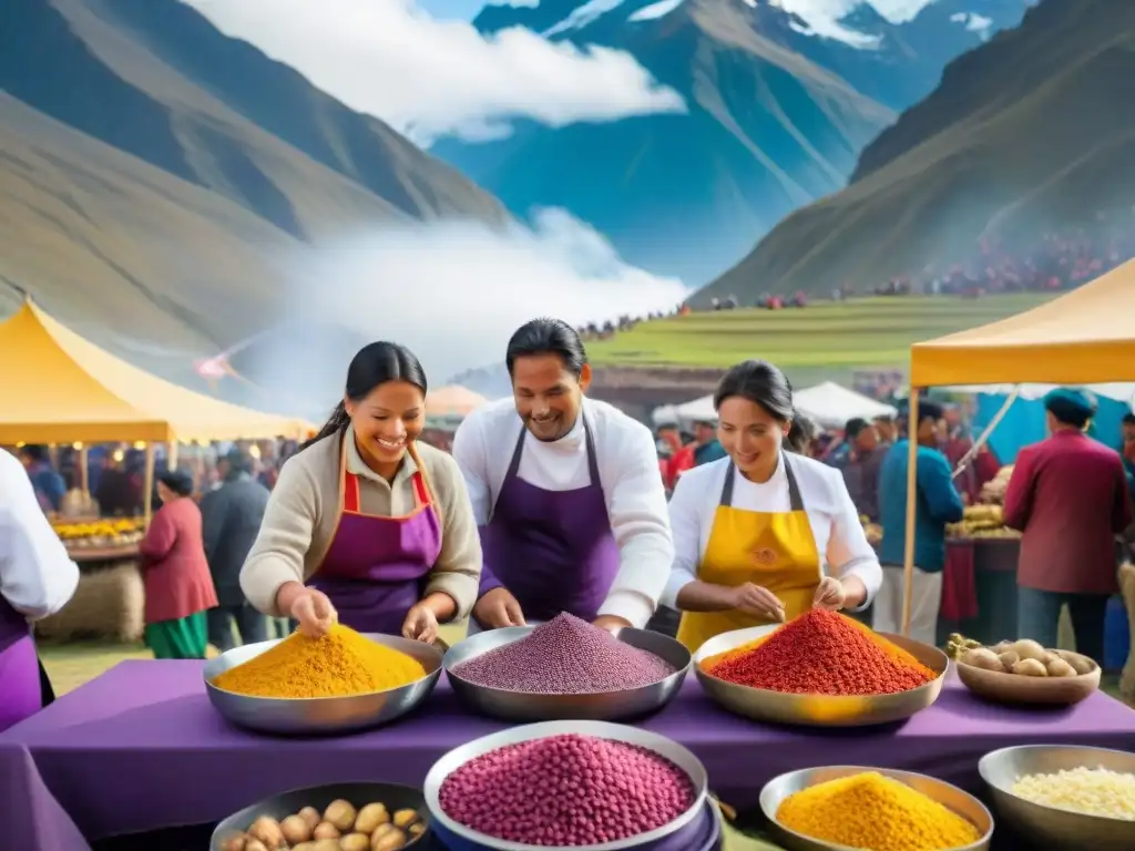 En un festival gastronómico en la Sierra peruana, se preparan platos tradicionales con ingredientes vibrantes frente a majestuosas montañas nevadas