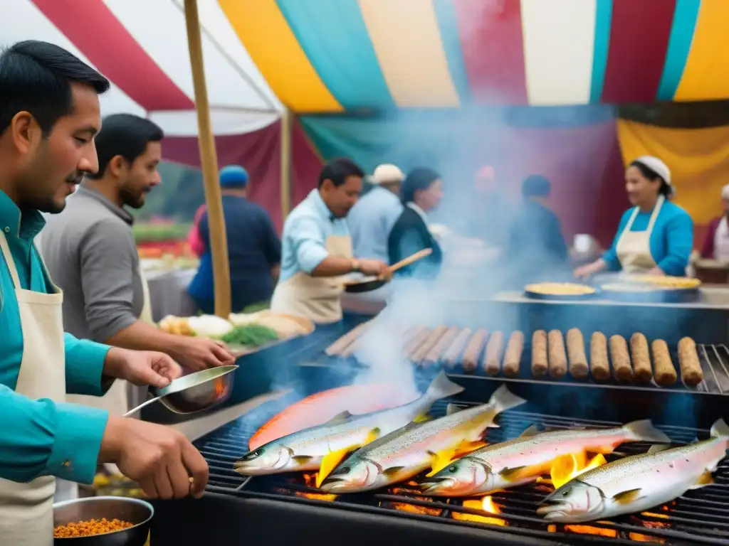 En el Festival Gastronómico de la Trucha Andina, un chef cocina truchas mientras visitantes disfrutan de platos tradicionales