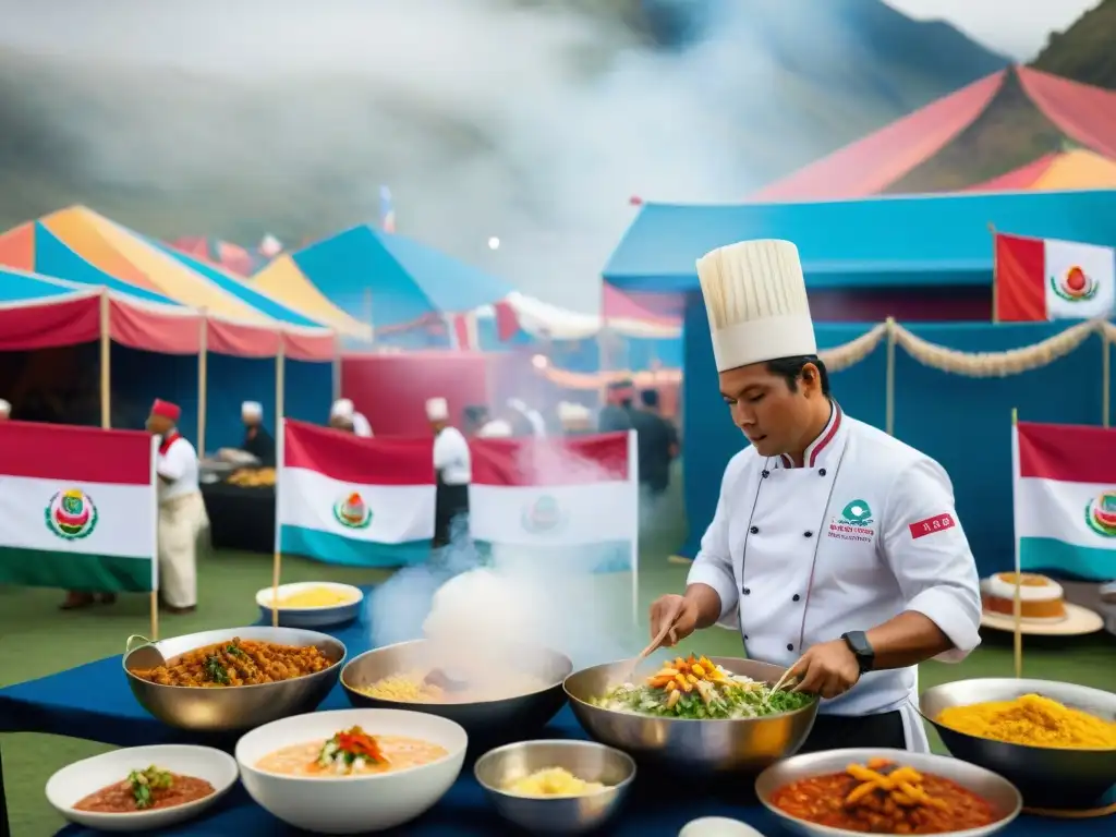 Un festival gastronómico vibrante y bullicioso con puestos coloridos de comida peruana y chefs preparando platos