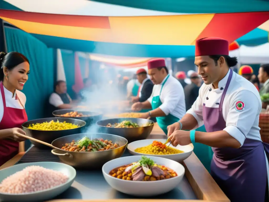 Un festival gastronómico vibrante con platos peruanos, chefs apasionados y visitantes entusiastas