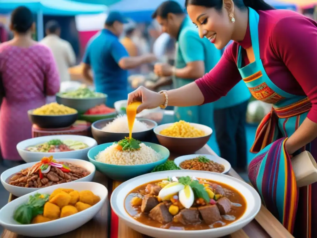 Un festival internacional de comida bullicioso destaca un vibrante puesto de comida peruana con textiles coloridos y cerámica tradicional