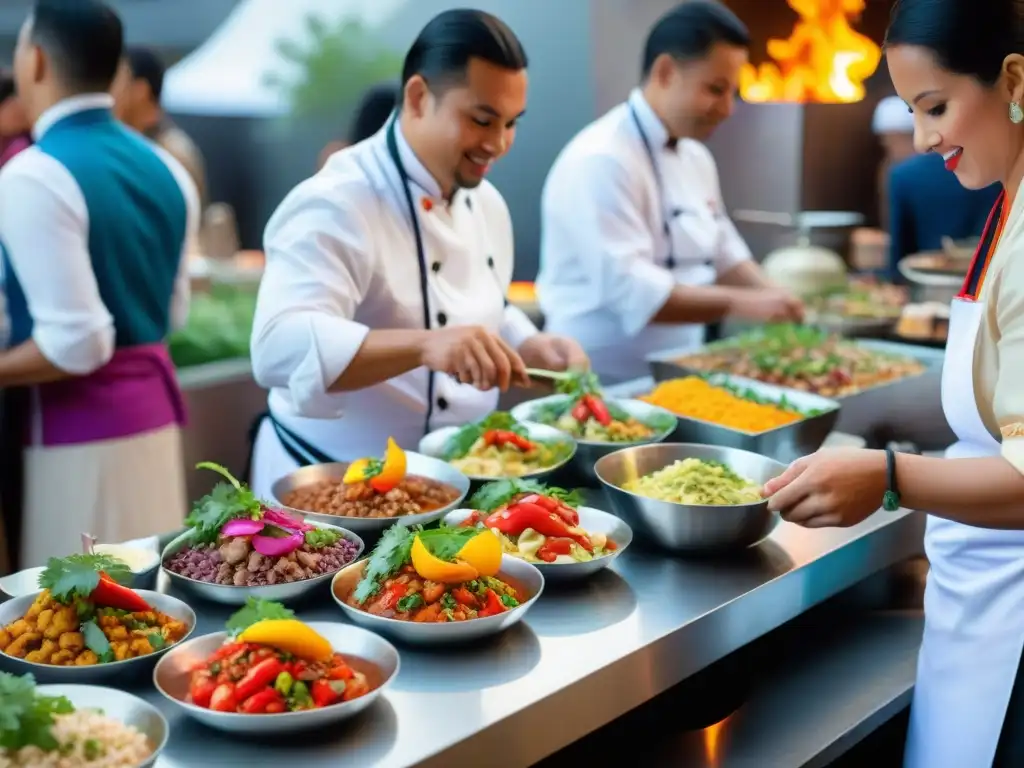 Un festival internacional de gastronomía peruana con chefs preparando ceviche y lomo saltado, en un ambiente vibrante y multicultural