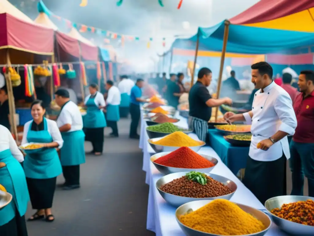 Festival del Ají en Tacna: Chef local preparando plato tradicional en bulliciosa calle llena de puestos de comida coloridos y asistentes curiosos