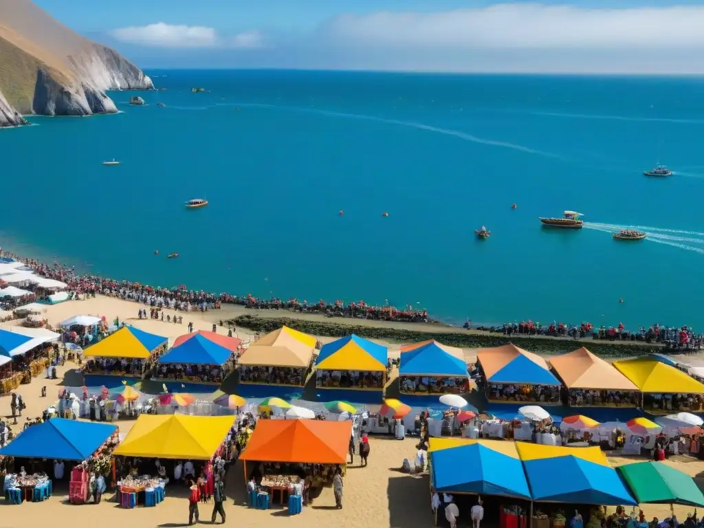 Festival del Marisco en Perú: Coloridos puestos de comida y gente disfrutando del evento alegre junto al mar