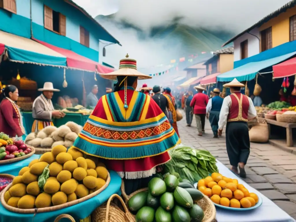 Mercado callejero vibrante en Perú: colores, sabores y música en vivo Festival en mercado callejero de Perú: puestos coloridos, comida tradicional, música en vivo y gente disfrutando