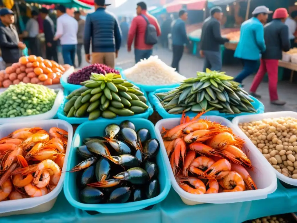 Festival del Camarón en Arequipa: Mercado callejero vibrante con puestos coloridos y mariscos frescos