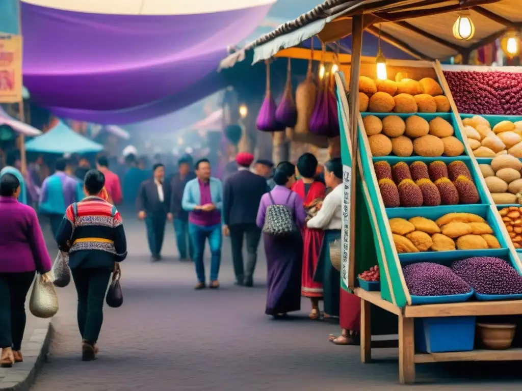 Festival Chicha Morada: vibrante mercado peruano con platos típicos en puestos coloridos y gente local y turistas