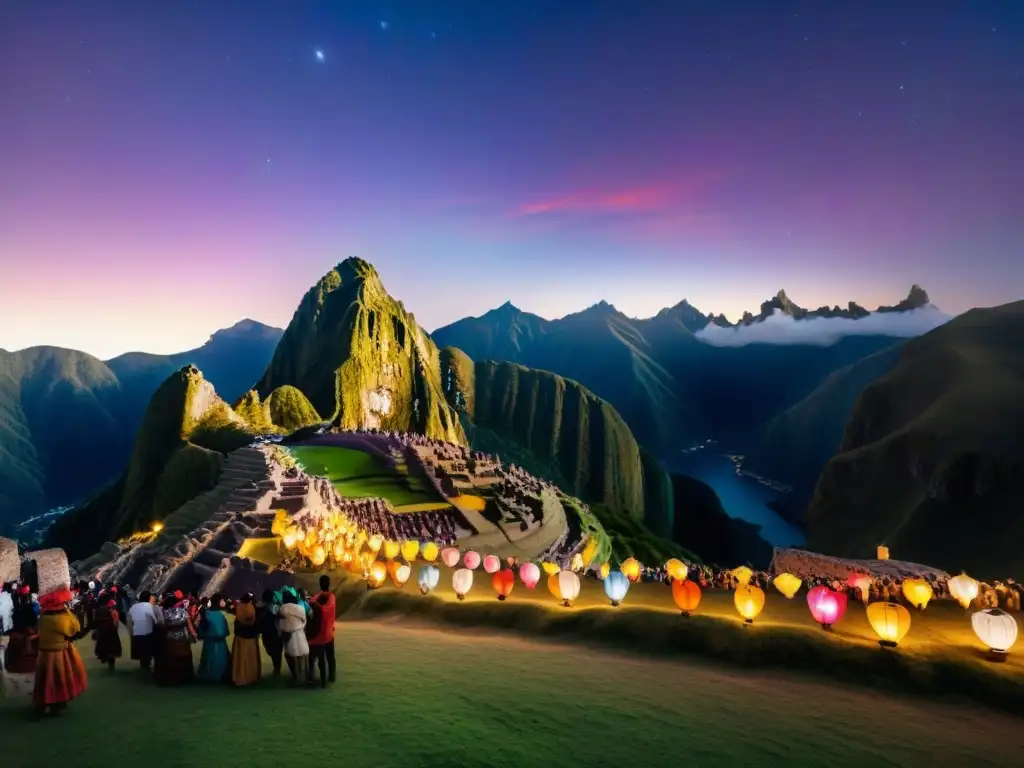 Espectáculo de luces y tradición en festival peruano Un festival tradicional peruano con coloridas y detalladas lámparas inspiradas en fiestas peruanas iluminando la noche andina