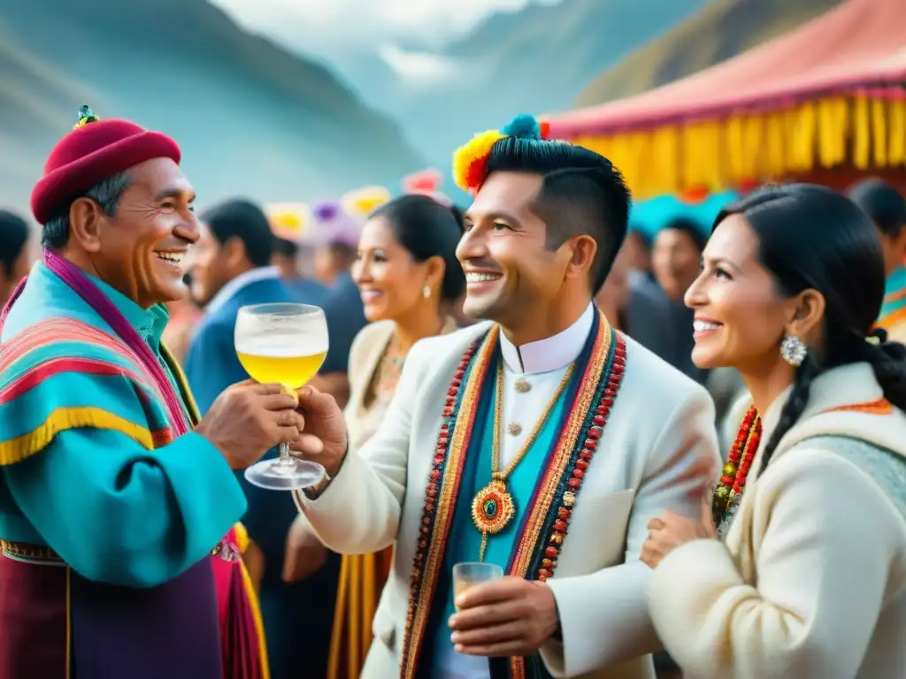 Festival tradicional peruano con decoraciones coloridas y brindis con Pisco, reflejando la influencia de la identidad cultural peruana