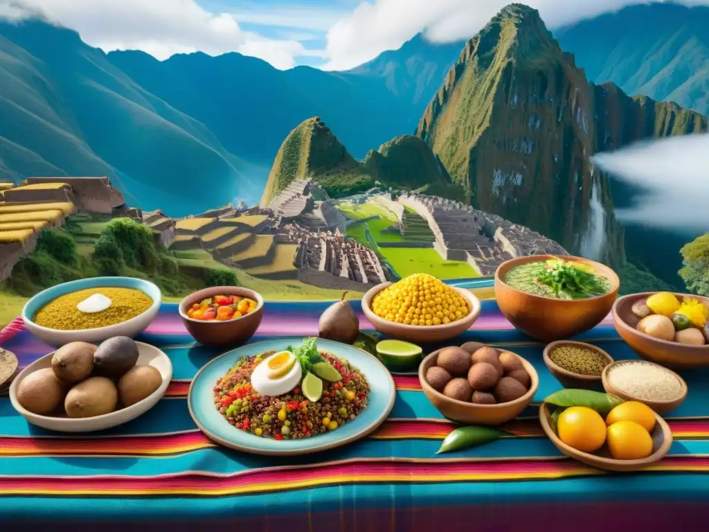 Una festividad Inca en Perú: mesa colorida con la Dieta de los Incas, rodeada de montañas y gente en trajes tradicionales