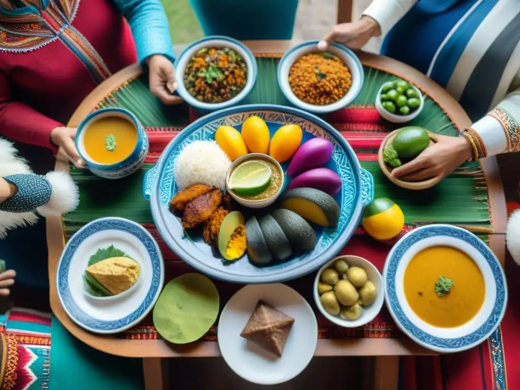 Un festivo encuentro familiar en Perú con un Plato Festivo Relleno peruano como protagonista, en medio de decoraciones festivas y textiles coloridos