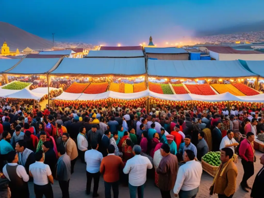 Un festivo mercado en Tacna durante el Festival del Ají, con puestos coloridos y comida peruana tradicional