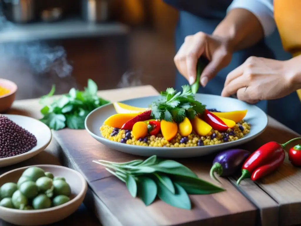 Un festivo plato peruano se prepara con precisión en una cocina tradicional