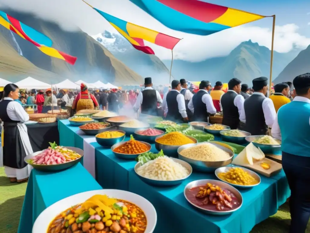 Una fiesta culinaria en Perú con platos tradicionales y montañas de los Andes de fondo