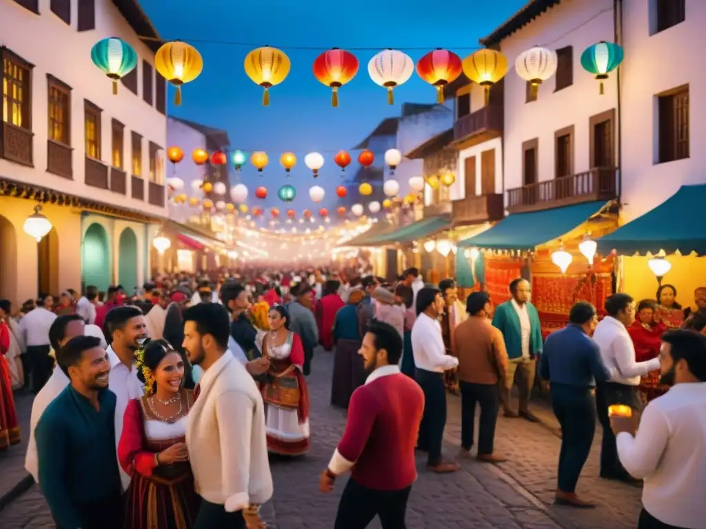 Espectáculo nocturno: Festival peruano lleno de color y vida Fiesta peruana nocturna con lámparas inspiradas y coloridos bailes tradicionales