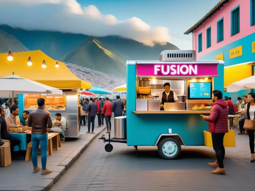 Food trucks tecnológicos en Perú: Calle bulliciosa con camiones de comida innovadores y coloridos, fusionando tradición y tecnología
