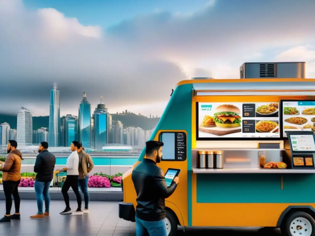 Food trucks tecnológicos en Perú: Escena documental de un parque de food trucks en Lima con innovadoras tecnologías culinarias